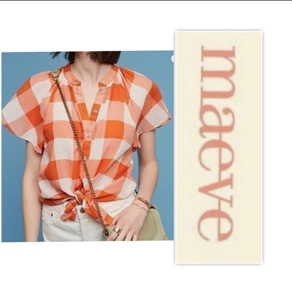 Anthropologie Maeve Orange White Cotton Button Down Short Sleeve Plaid Top - Picture 1 of 11